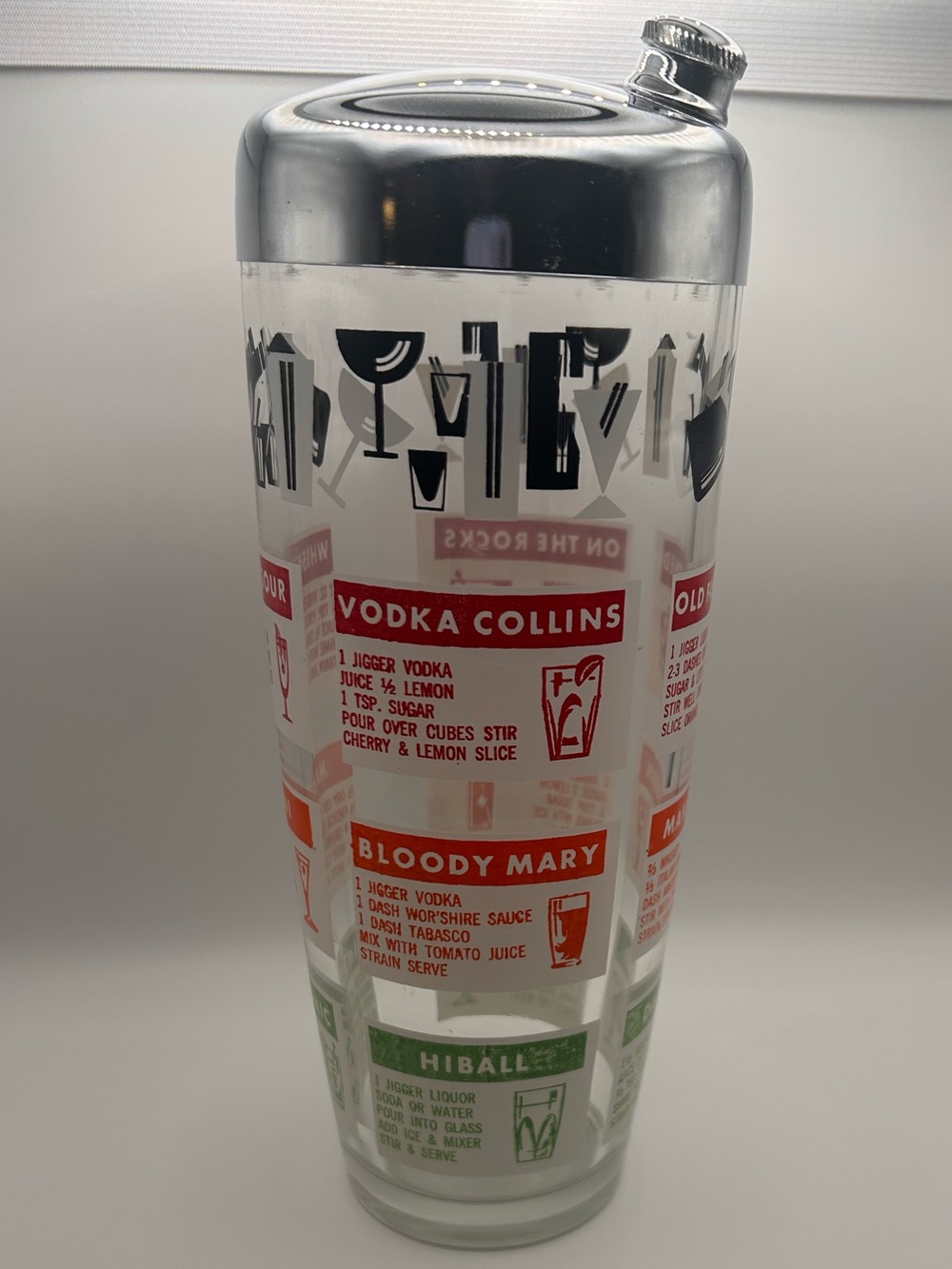 Vintage 1960s Cocktail Recipe Shaker | MCM Glass & Chrome Barware | Atomic Drink